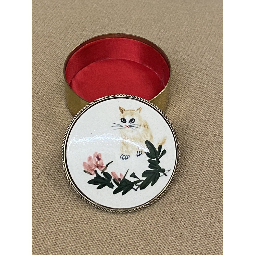 Vintage Brass/Porcelain Trinket Box Cat Kity & Flowers Hand Painted Animal Lover